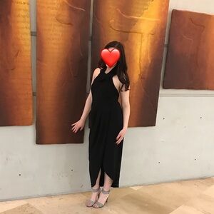 Shona Joy Black midi dress with drapes skirt and open back size AUS 12 (US10)